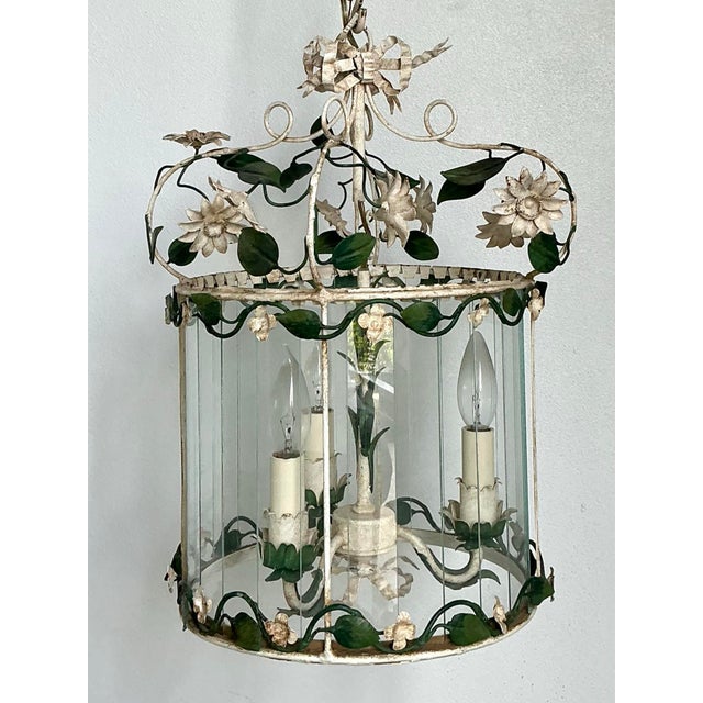Off-white Vintage Patinated Floral Tole Lantern For Sale - Image 8 of 12