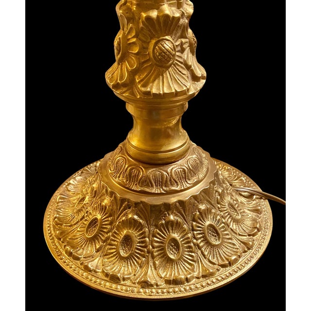 Metal Vintage French Gilt Brass Candlestick Lamp With Frosted Etched Ruffled Shade For Sale - Image 7 of 10