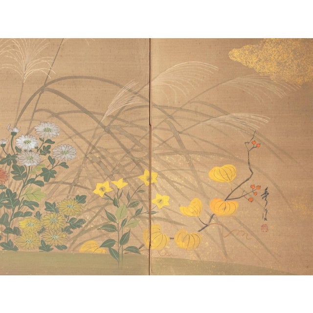 Goldenrod "Autumn Flowers" by Hideka, 24k Gold 1970s Showa Era Yamato-E Japanese Byobu Screen For Sale - Image 8 of 18