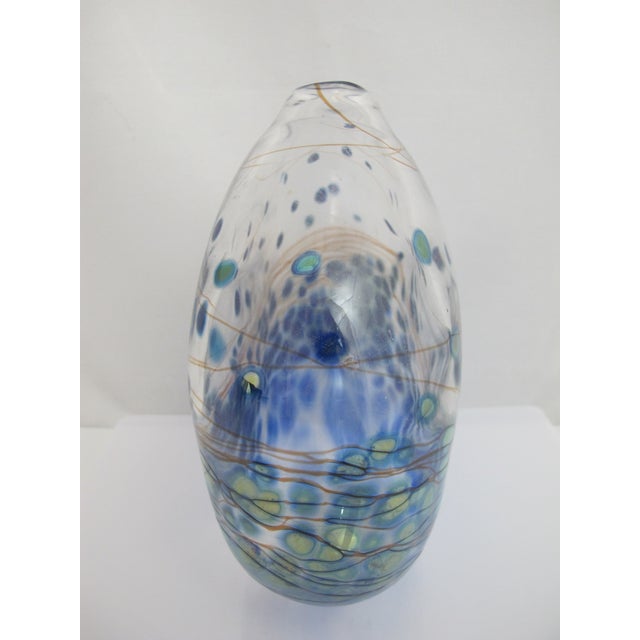 Contemporary Donald Carlson Pacific Nw Blue Green Studio Art Glass Spherical Vase For Sale - Image 3 of 10
