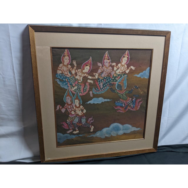 Late 20th Century Pair of Thai Celestial Figure Paintings on Fabric, Gilt Frames For Sale - Image 11 of 14