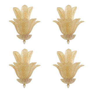 Set of 4 Murano Glass Wall Sconces in Venetian Gold Graniglia Leaf Design For Sale