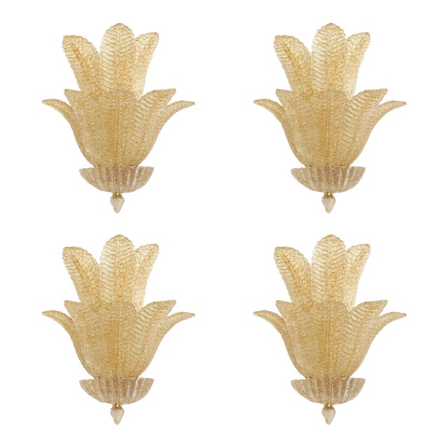 Set of 4 Murano Glass Wall Sconces in Venetian Gold Graniglia Leaf Design For Sale