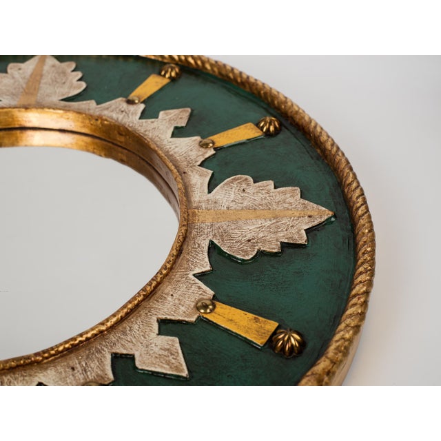 Vintage Spanish Sunburst Wall Mirror – Emerald Green & Gold Leaf For Sale - Image 9 of 11