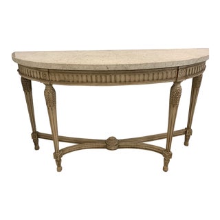 1940s Louis XVI Carved Marble-Top Demilune Console Table For Sale