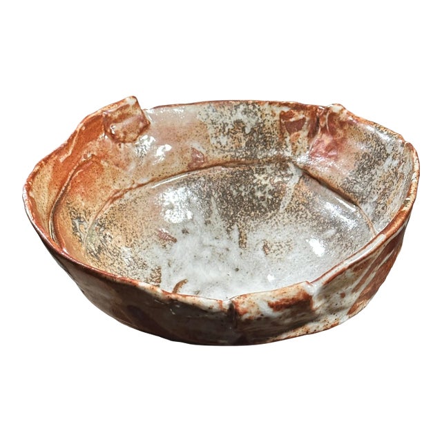 Vintage Brutalist Shino Glazed Hand Built Ceramic Serving Bowl/Organic Modern For Sale