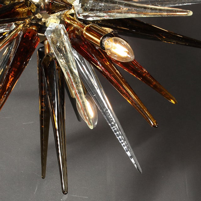 Modernist Mixed Hand-Blown Murano Glass Spike Form Sputnik Chandelier W/ Brass For Sale - Image 15 of 18