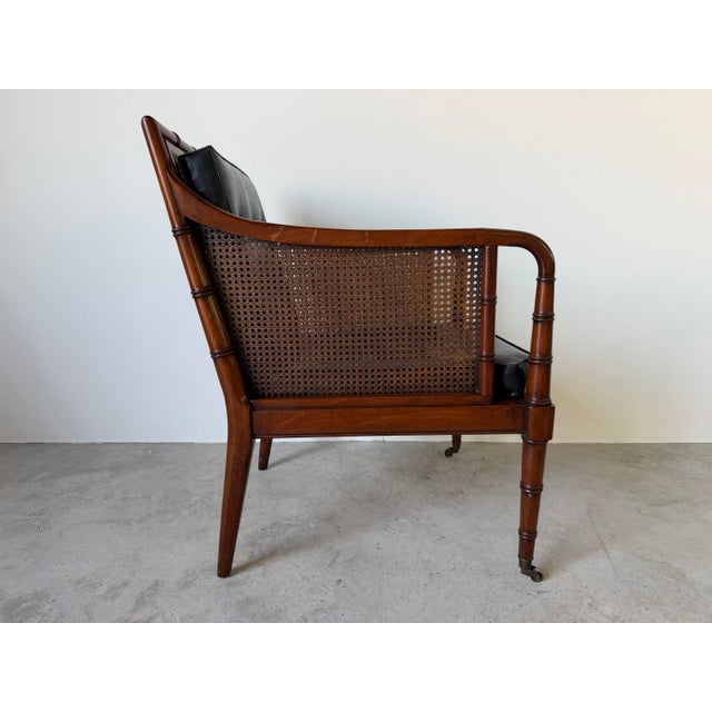1970s 1970s Hickory Chair Regency Style Faux Bamboo Caned Lounge Armchair on Brass Casters For Sale - Image 5 of 12