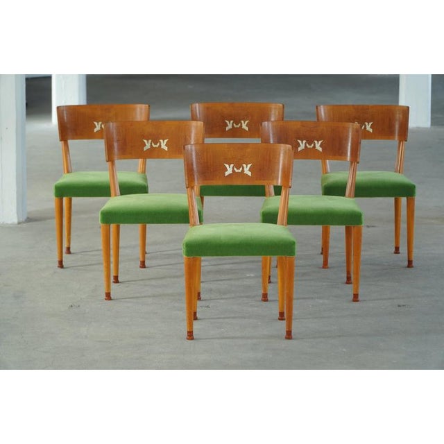 Wood Art Deco Swedish Chairs in Birch & Mohair with Griffin Inlays from Klismos, 1930s, Set of 6 For Sale - Image 7 of 18