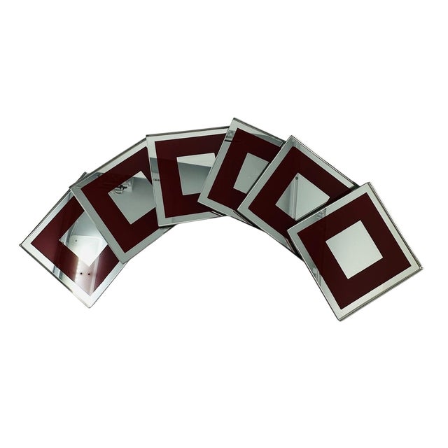 Vintage 1980s Mirrored Glass Coasters - Maroon Border & Polished Edges - Flat Square Barware With Rubber Feet - Set of 6 For Sale In Tampa - Image 6 of 11