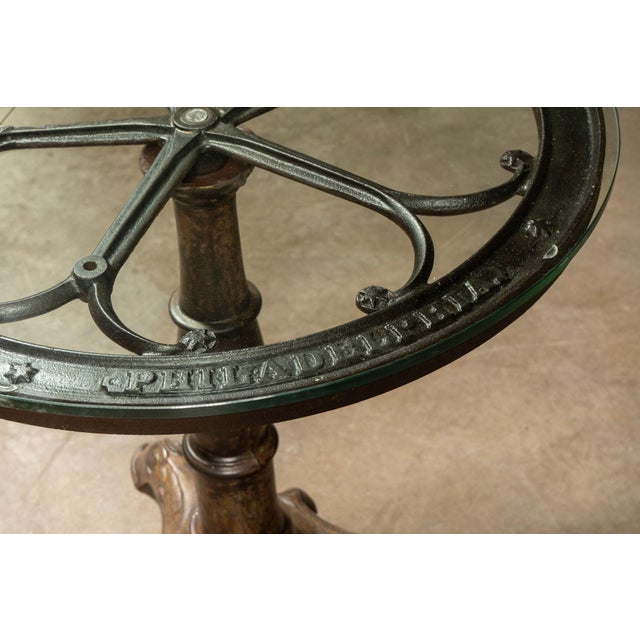 Brown Early 20th Century Repurposed Industrial Cast-Iron Mill Wheel Round Dining Table With Glass Top For Sale - Image 8 of 10