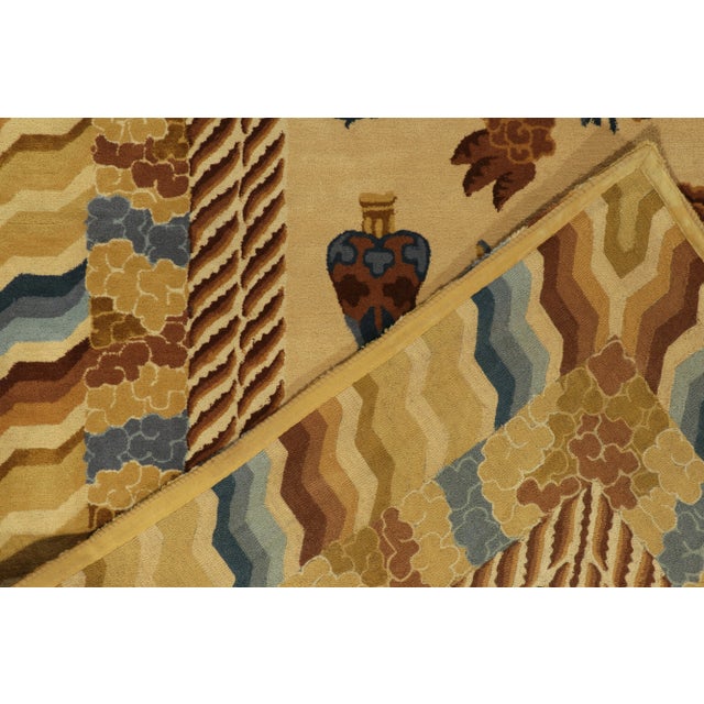 Gold Antique Hooked Rug Gold, Blue and Beige-Brown Chinese Pictorial Style For Sale - Image 8 of 9