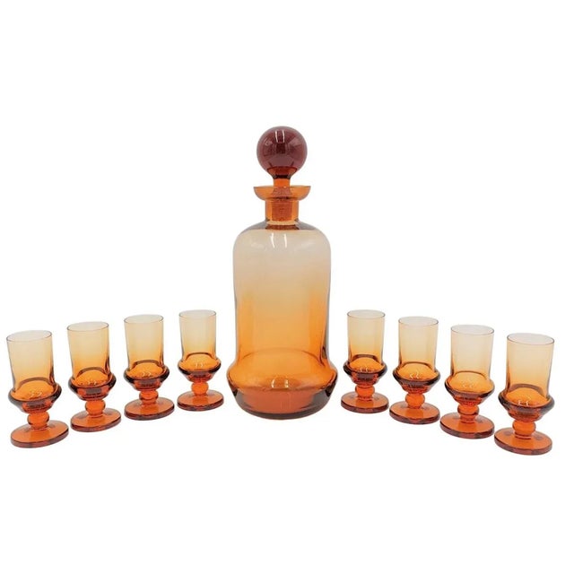 Art Deco Amber Glass Liquor Decanter and Glasses, Czech Republic, 1930s, Set of 9 For Sale - Image 9 of 9