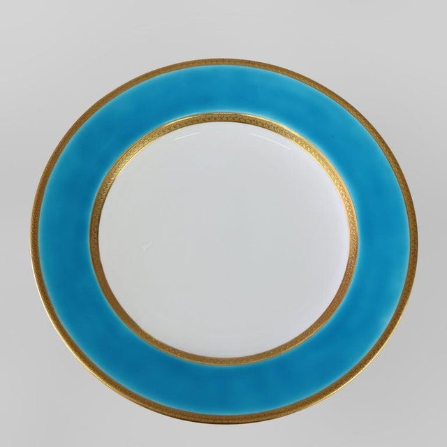English Set of 12 English Spode Copeland Porcelain Turquoise & Gold Trimmed Plates C1900 For Sale - Image 3 of 5