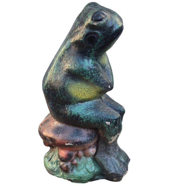 Anthropomorphic Adoring Frog Mushroom Cement Sculpture Yard Art Loving Statue For Sale - Image 4 of 18