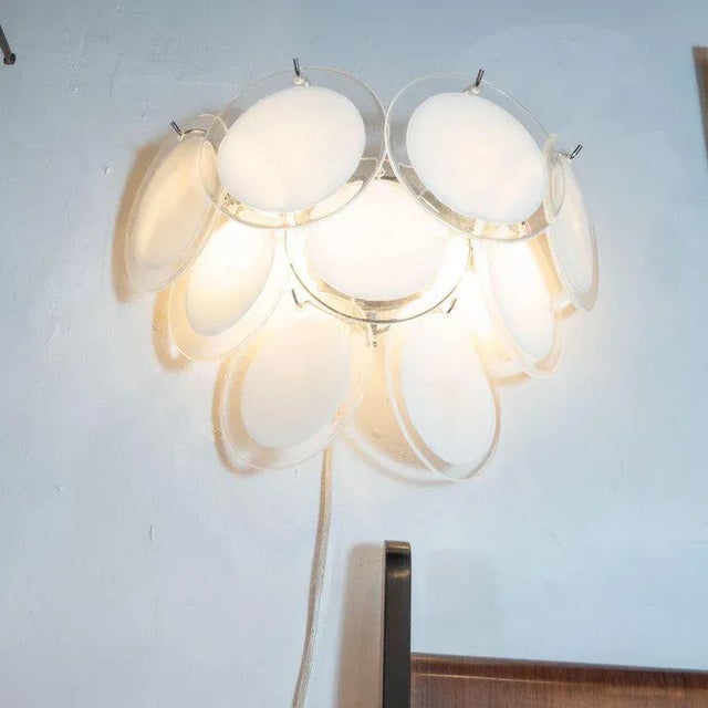 Modernist 9-Disc Hand Blown Murano White and Translucent Glass Sconces - a Pair For Sale - Image 4 of 6