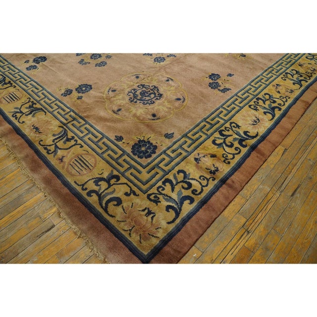 1900s Peach Field Classic Greek Key Antique Chinese Peking Rug 10'10" X 12'9" For Sale In New York - Image 6 of 8