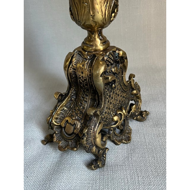 Pair of Antique Ornate French Rococo 5-Arm Brass Candelabras For Sale - Image 10 of 12