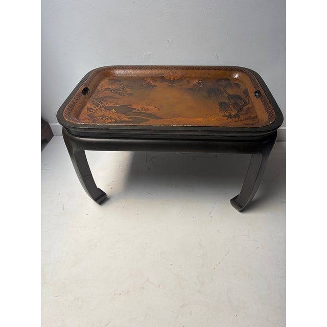 Antique English Tole Tray Painted to Depict a Chinese Ceremonial Landscape on a Modern Regency Style Base .