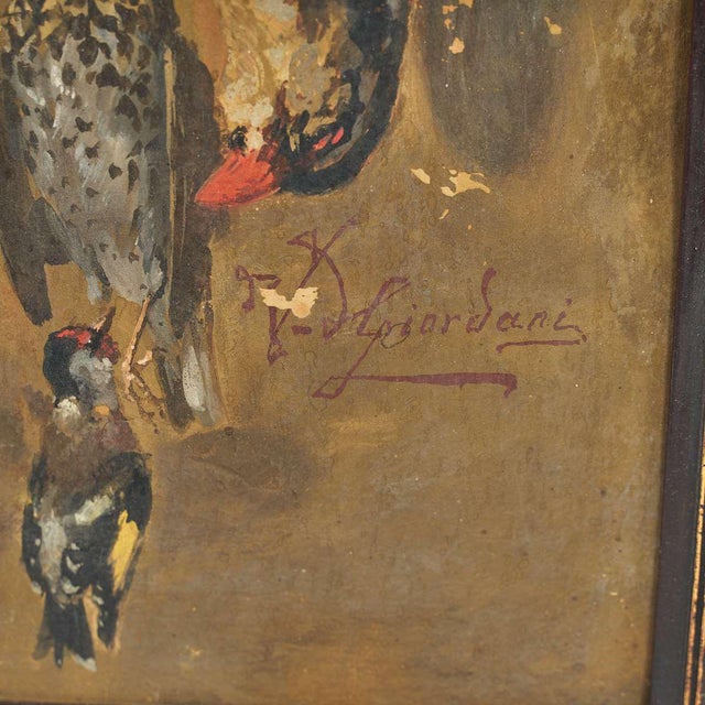 Oil on panel by V. Giordani featuring a still life with birds, created in the 1940s - 1950s.