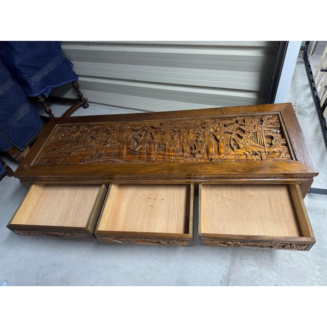 1960s Vintage Mid-Century South East Asian Hand-Carved Teak Coffee Table - Detailed Relief Scene For Sale - Image 5 of 9