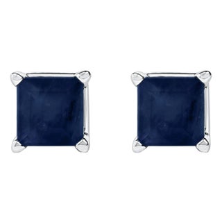 14K White Gold 5x5MM Princess Cut Blue Sapphire Solitaire Stud Earrings For Sale