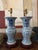 A striking pair of vintage blue and white porcelain table lamps featuring the traditional Double Happiness symbol on each...