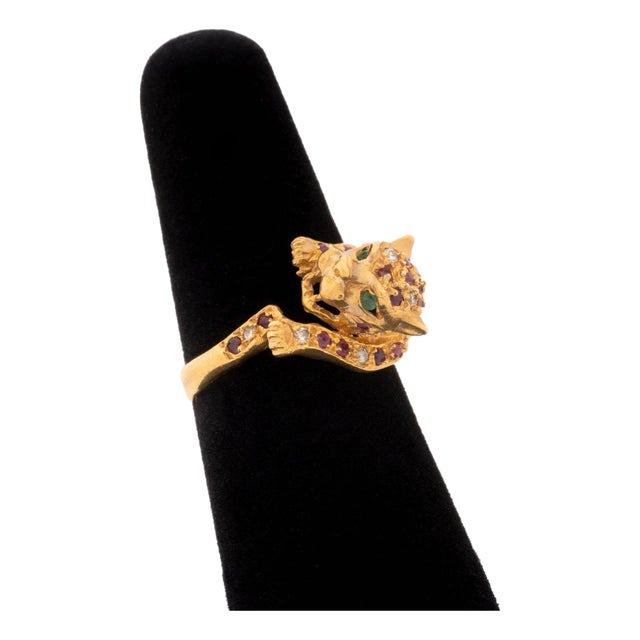 18k Yellow Gold Ruby Diamond Emerald Leopard-Form Ring For Sale