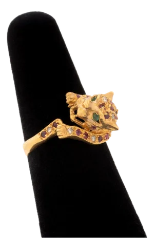 18k Yellow Gold Ruby Diamond Emerald Leopard-Form Ring