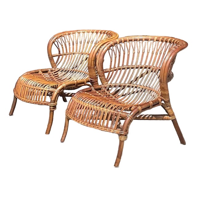 Vintage Bent Rattan Lounge Chairs - A Pair For Sale