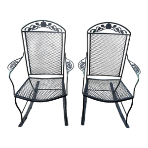 Mid 20th Century Black Iron Victorian Style Rocking Chairs - A Pair