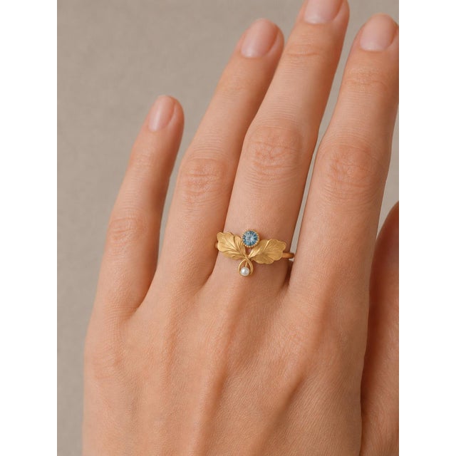 Art Nouveau–Inspired Topaz and Pearl Botanical Ring in 14k Gold, Size 7.5 For Sale - Image 6 of 7