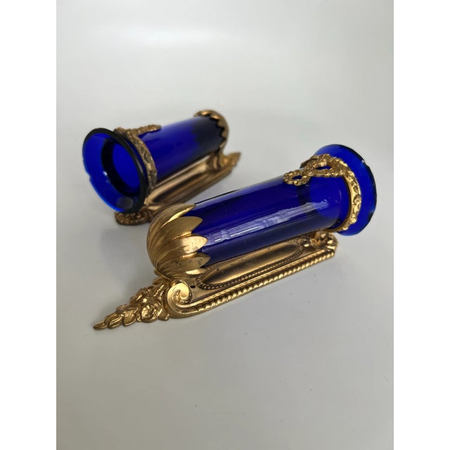 French Antique Late 19th Exquisite Louis Philippe French Wall Sconces With Sèvres-Style Cobalt Blue Glass Vases Gilded Ormolu Mounts, a Pair For Sale - Image 3 of 12