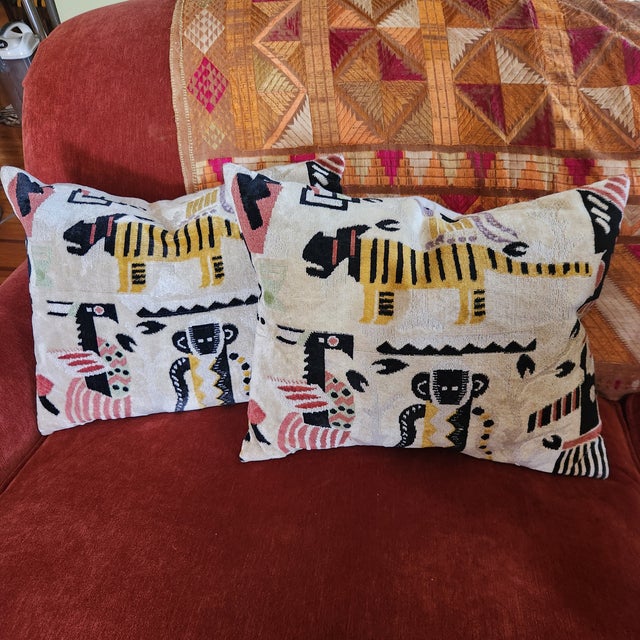 A pair of new Clarence House pillows in safari pattern. Made from heavy mohair velvet. Discontinued textile. 100% linen...
