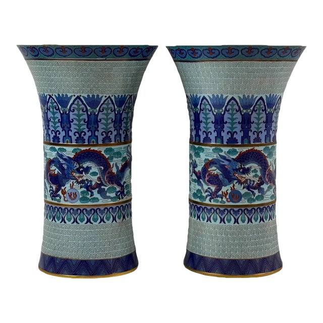 Pair of Chinese Cloisonne Enamel Trumpet Form Vases Blue Dragon Motif For Sale