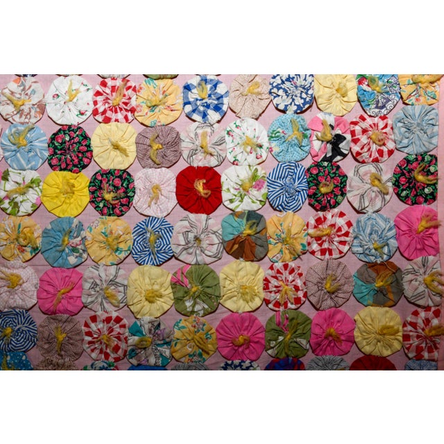 Cream Antique 1930s Yo Yo Quilt Coverlet | Depression Era Feed Sack Fabrics | 49x72 | Cottagecore Folk Art Textile For Sale - Image 8 of 13