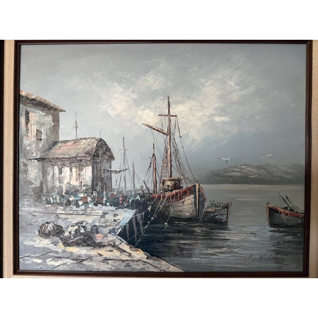 Rustic European Vintage European Harbor Oil Painting Fishing Boats Seascape Framed Signed For Sale - Image 3 of 12