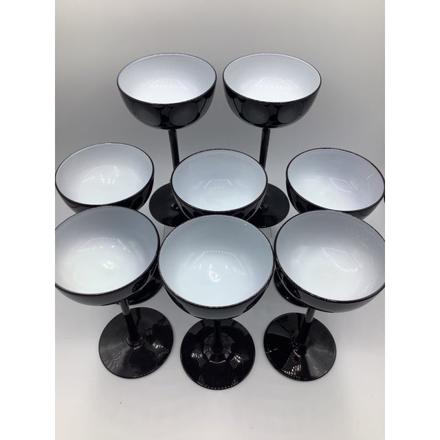 1960s Vintage Carlo Moretti Italy Black White Cased Glass Tall Stem Champagne Coupes - Set of 8 For Sale - Image 5 of 8