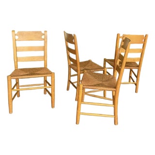 Vintage Beechwood and Rush Ladderback Dining Chairs - 4 For Sale