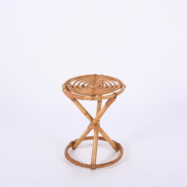 Mid-Century Italian Rattan and Bamboo Round Stool, 1960s For Sale - Image 4 of 14