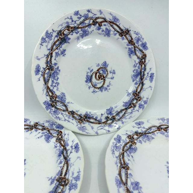 Antique Late 18th Century Sarreguemines Porcelain Lavender Floral Rope and Tassel Plates- a Set of 5 For Sale - Image 9 of 12