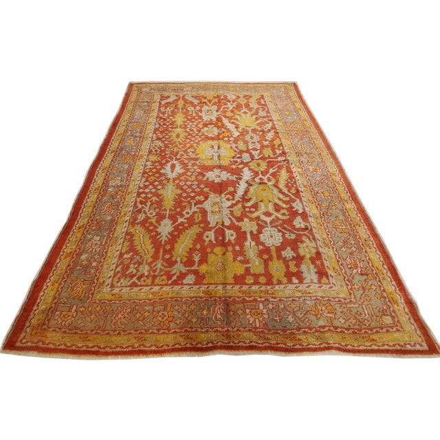 Antique Oushak Carpet, Oriental Rug, Handmade Rug Saffron, Light Blue and Coral For Sale - Image 9 of 18