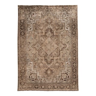 Vintage Persian Heriz Handmade Brown Medallion Wool Rug For Sale