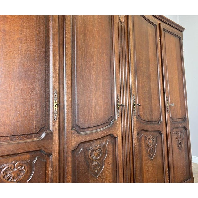 Vintage French Louis XVI Style Carved Oak 4-Door Wardrobe For Sale - Image 9 of 13