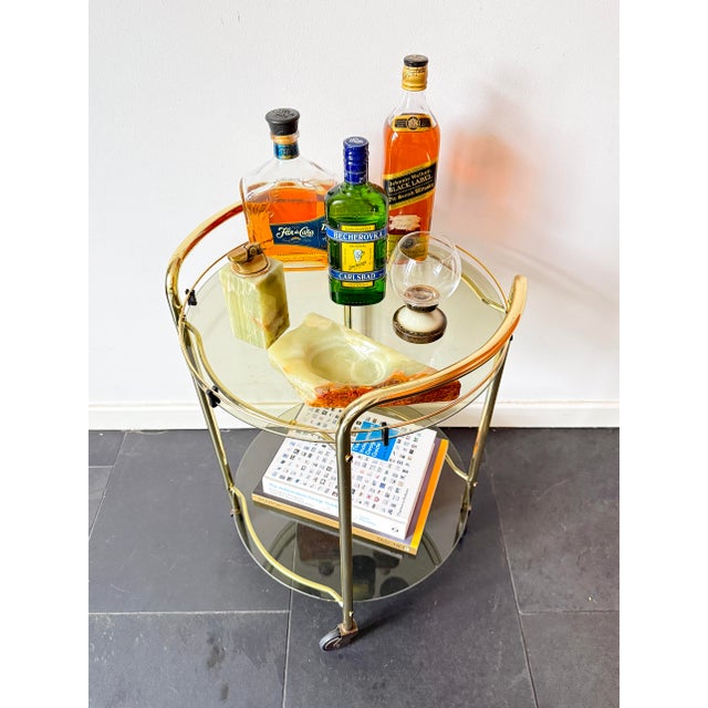 Vintage Brass Serving Bar Cart with Smoked Glass Shelves, 1970s For Sale - Image 4 of 14