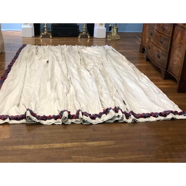 Pair of Custom French Pleat Ivory Drapes With Blue and Pinkish Red Samuel & Sons Trim For Sale - Image 10 of 10
