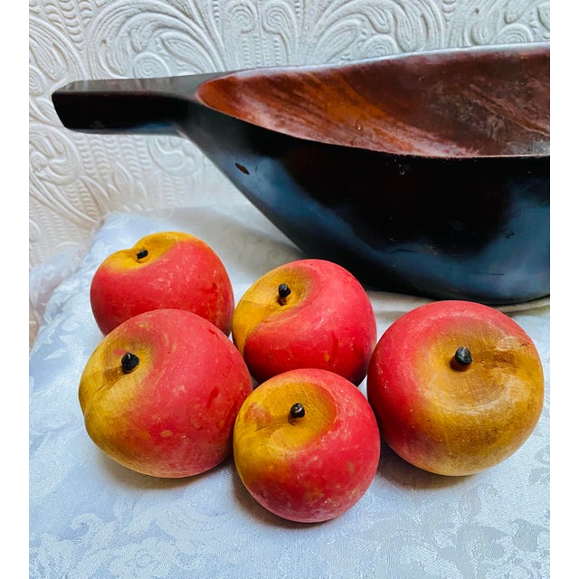 Mid Century Carved Wood Deep Leaf Shaped Bowl With Wood Fruit- 9 Pieces For Sale - Image 9 of 11
