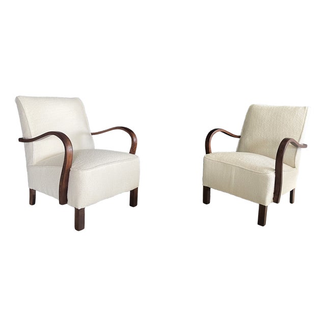 Art Deco Armchairs in Lambs Boucle from J. Halabala, 1920s, Set of 2 For Sale