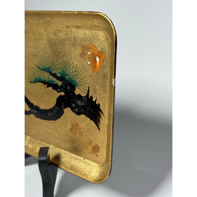 Gold Vintage Japanese Hand Painted Lacquerware Tray on Gold Leaf & Stand For Sale - Image 8 of 12