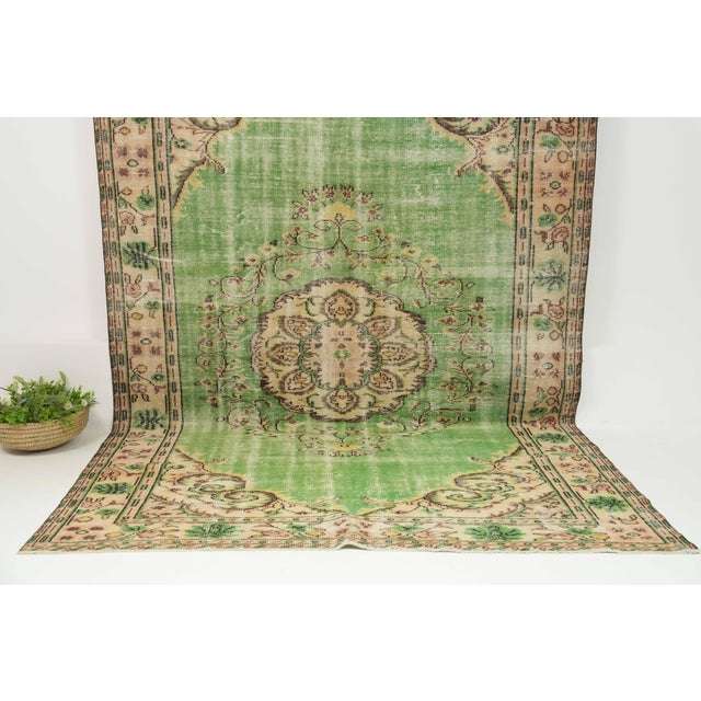 1970s Vintage Turkish Handmade Wool Cotton Green Area Rug For Sale - Image 13 of 14
